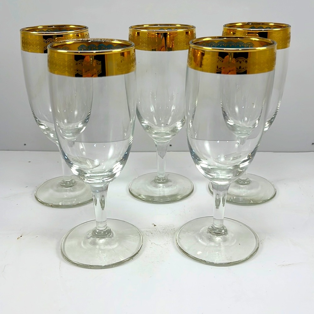 Set of four midcentury c. 1960s gold and turquoise cut glass.